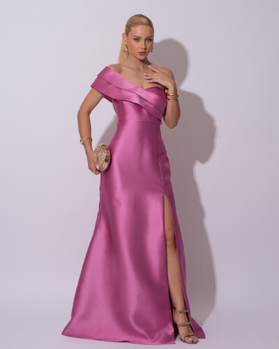 Foto Vestido de festa Longo Zibeline Faixa Drapeada Ombro e Fenda Rosa