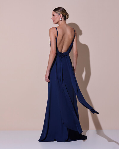 Foto Vestido de Festa Longo Crepe Chiffon Costas Lenço Cauda Azul Marinho New
