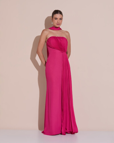 Foto Vestido de Festa Longo Tomara Que Caia Crepe Chiffon Plissado Lenço Pink Escuro