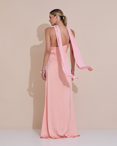 Foto Vestido de Festa Longo em Cetim Fluido um Ombro Só com Lenço Rose
