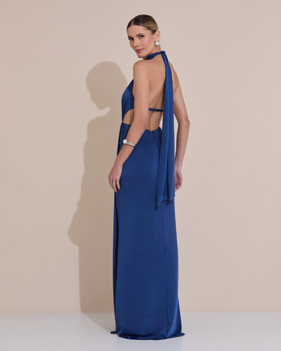 Foto Vestido de Festa Longo Malha Jersey Gola Alta Saia Sereia Azul Marinho