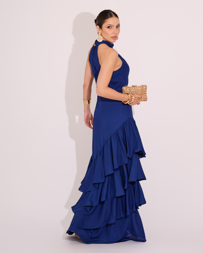 FotoVestido de Festa Longo Decote Halter com Babados Azul Marinho