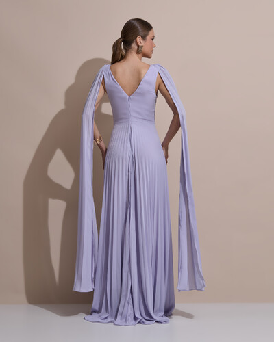 Foto Vestido de Festa Longo Crepe Chiffon Plissado com Lenço nas Alças Lilás Claro