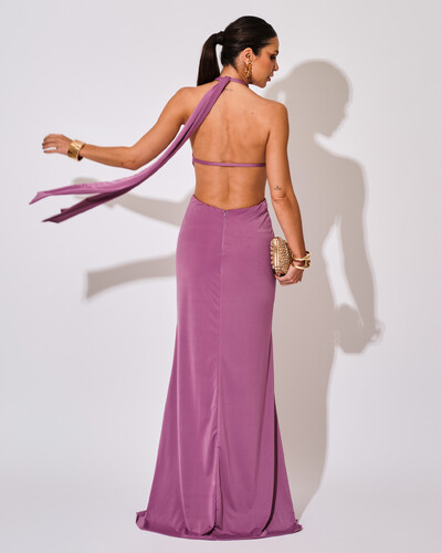 FotoVestido de Festa Longo Malha Jersey Gola Alta Saia Sereia Lilás