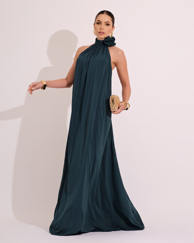 Foto Vestido Longo Crepe Chiffon Frente Única Fluido Flor Removível Verde Escuro