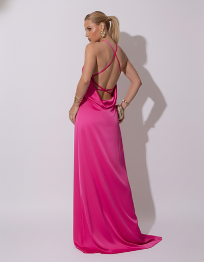 Foto Vestido Longo de Cetim com Decote Triangular e Amarração nas Costas Degagê Pink