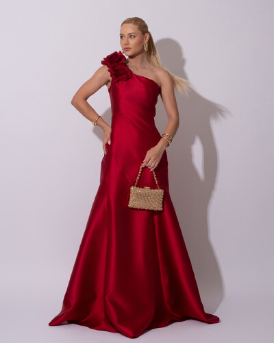 Foto Vestido de Festa Longo Zibeline um Ombro Só Flor Removível Saia Sereia Marsala