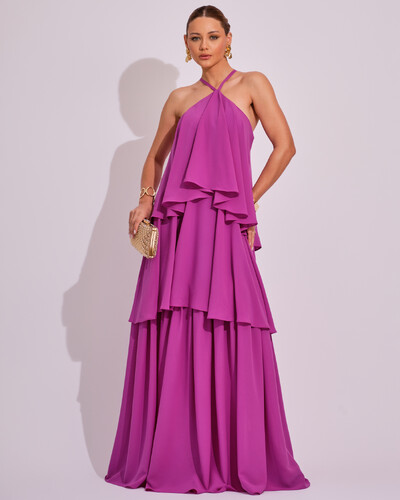 Foto Vestido Longo Babado em Camadas Fúcsia