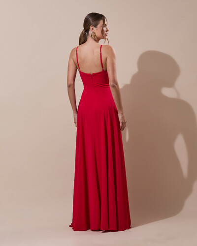 Foto Vestido de Festa Longo Crepe Chiffon Drapeado com Alças e Saia Fluida Vermelho