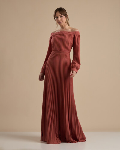 Foto Vestido de Festa Longo Crepe Chiffon Plissado Ombro a Ombro Terracota