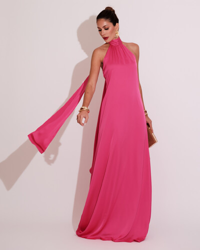 Foto Vestido de Festa Gola Alta com Decote nas Costas Acetinado Pink