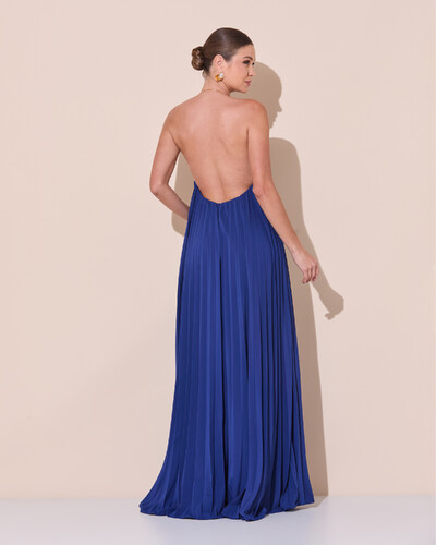 Foto Vestido de Festa Longo Frente Única Plissado Crepe Chiffon Argola Azul Marinho