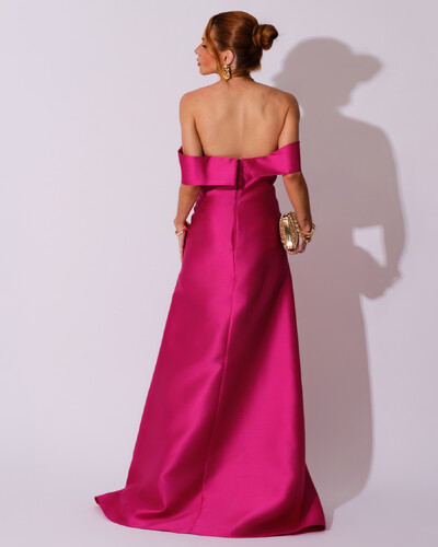 FotoVestido de Festa Longo Zibeline Ombro a Ombro Drapeado e Fenda Pink