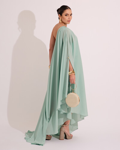 FotoVestido de Festa um Ombro com Capa Crepe Fluido Verde Menta