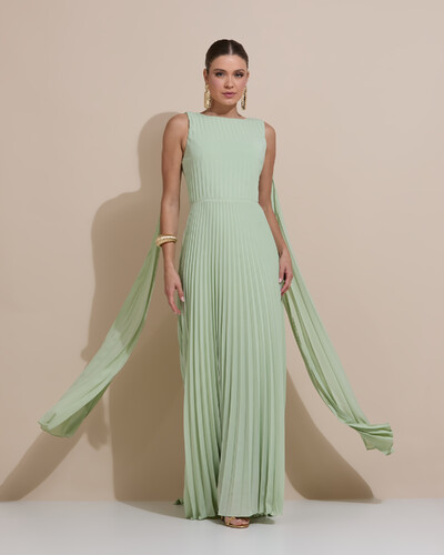 Foto Vestido de Festa Longo Crepe Chiffon Plissado com Lenço nas Alças Verde Menta New
