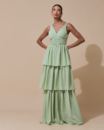 Foto Vestido de Festa Longo Decote V Crepe Chiffon Plissado Camadas Babado Verde Menta New