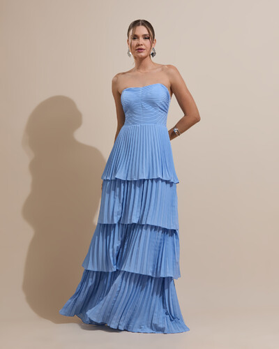 Foto Vestido de Festa Longo Tomara que Caia Crepe Chiffon Plissado Camadas Azul Serenity