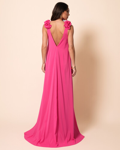 FotoVestido de Festa Longo Crepe Chiffon Fluido Decote em V Flores Pink
