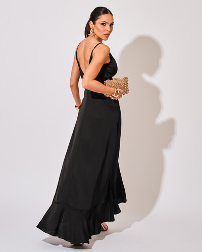 FotoVestido Midi Babado Acetinado Preto