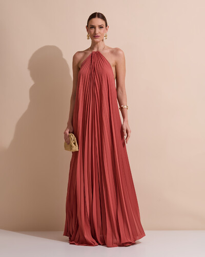 Foto Vestido de Festa Longo Frente Única Plissado Crepe Chiffon Argola Terracota