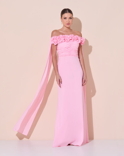 Foto Vestido de Festa Longo Ombro a Ombro Plissado Crepe Chiffon Capa Flor 3D Rosa Claro