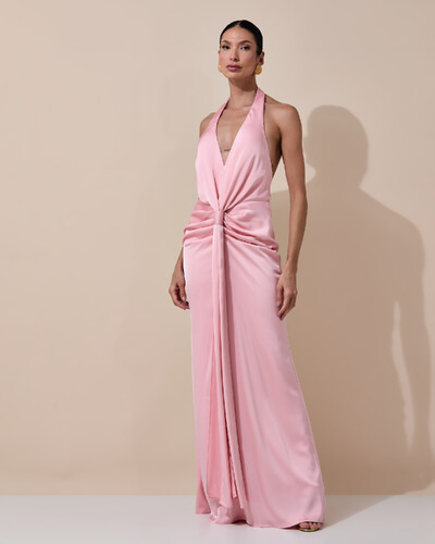 Foto Vestido de Festa Longo Frente Única Decote V Cetim Drapeado Faixa Rose Gold