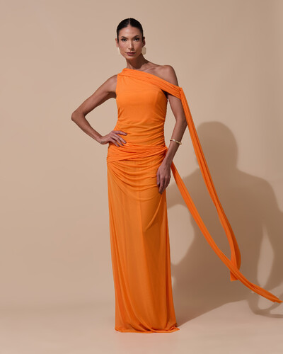 Foto Vestido de Festa Longo Um Ombro Só Tule Faixa Drapeada Lenço Laranja New