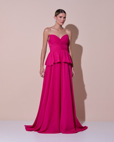 Foto Vestido de Festa Longo Crepe Chiffon Tomara que Caia Peplum Drapeado Pink Escuro