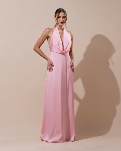 Foto Vestido de Festa Longo Frente Única Degagê Cetim Fluido Rose Gold