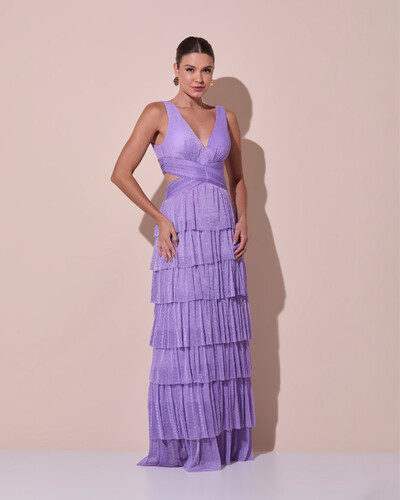 Foto Vestido De Festa Longo Decote V Tule Brilho Recortes Camadas Lilás