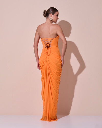 Foto Vestido De Festa Longo Tomara que Caia Tule Drapeado Fenda Laranja New