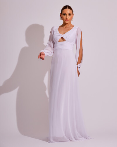 Foto Vestido de Festa Longo com Mangas Longas Cintura Drapeada Branco