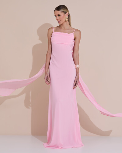 Foto Vestido de Festa Longo Crepe Chiffon Costas Lenço Cauda Rosa Claro