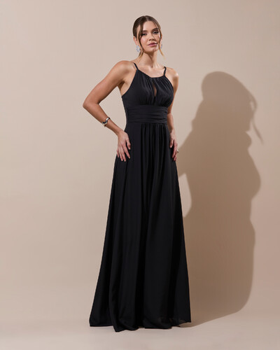 Foto Vestido de Festa Longo Crepe Chiffon Drapeado com Alças e Saia Fluida Preto