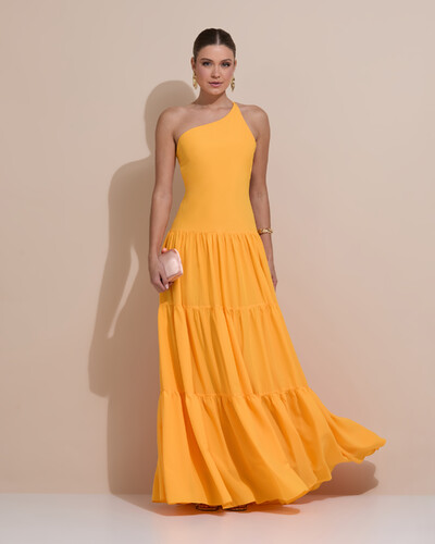 Foto Vestido de Festa Longo Um ombro Só Crepe Chiffon Saia Fluida Laranja Manga New