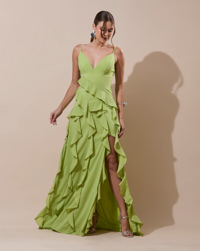 Foto Vestido de Festa Longo Decote V Crepe Chiffon Babados Cascata e Fenda Verde Garden