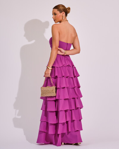 FotoVestido Longo Crepe Chiffon Tomara que Caia Plissado em Camadas Fúcsia