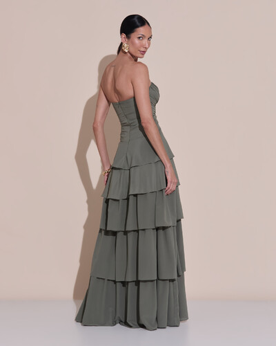 Foto Vestido de Festa Longo Tomara que Caia Drapeado Crepe Chiffon Babados Camadas Verde Oliva