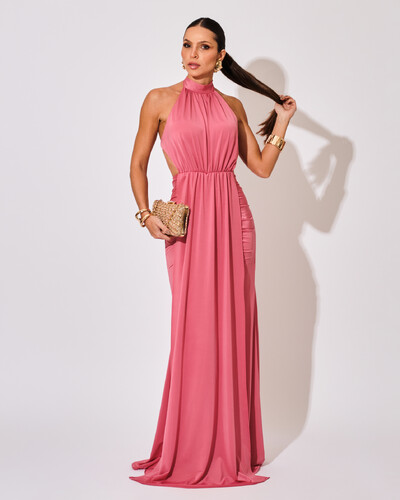 Foto Vestido de Festa Longo Malha Jersey Gola Alta Saia Sereia Rosa