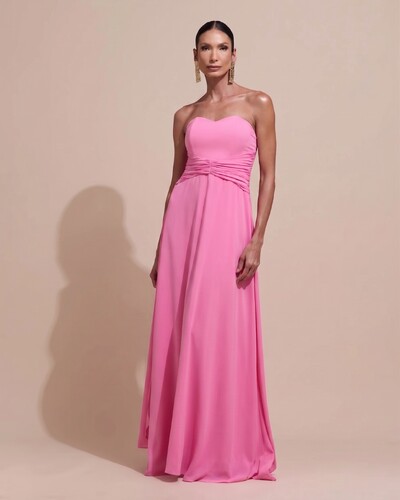 Foto Vestido de Festa Longo Tomara Que Caia Crepe Chiffon Drapeado Capa Rosa