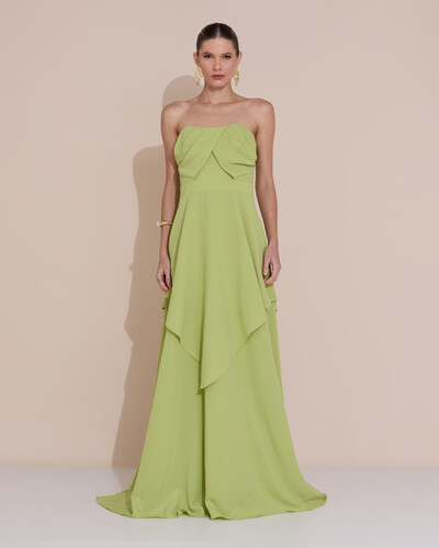 Foto Vestido de Festa Longo Tomara que Caia Crepe Chiffon Drapeado Camadas Verde Claro