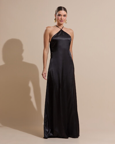 Foto Vestido Longo de Cetim com Decote Triangular e Amarração nas Costas Degagê Preto