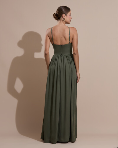 Foto Vestido de Festa Longo Crepe Chiffon Drapeado com Alças Finas Verde Oliva