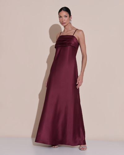 Foto Vestido de Festa Midi Drapeado Cetim Marsala