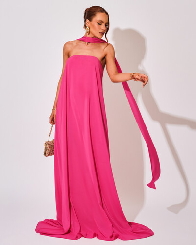 Foto Vestido de Festa Longo Crepe Tomara que Caia com Lenço Pink