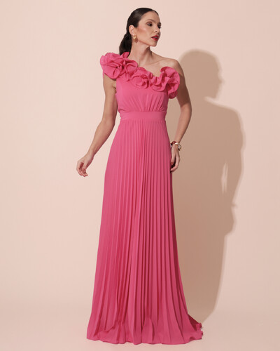 Foto Vestido de Festa um Ombro Só Flor Saia Plissado Pink New