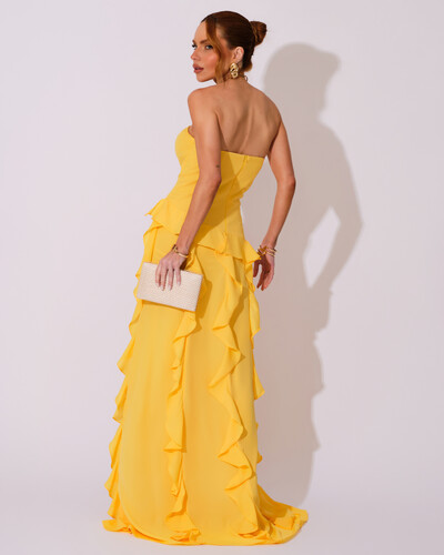 FotoVestido de festa Longo Tomara que Caia Crepe Chiffon com Bababos Cascata e Fenda Amarelo