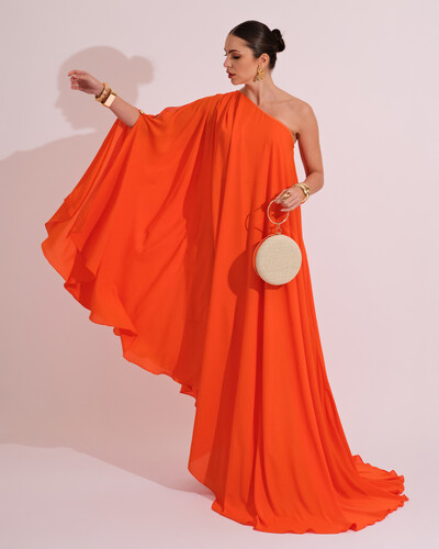 Foto Vestido de Festa um Ombro com Capa Crepe Fluido Laranja