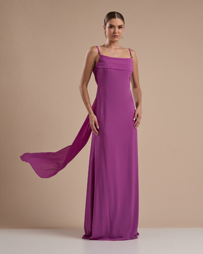 Foto Vestido de Festa Longo Crepe Chiffon Costas Lenço Cauda Fúcsia