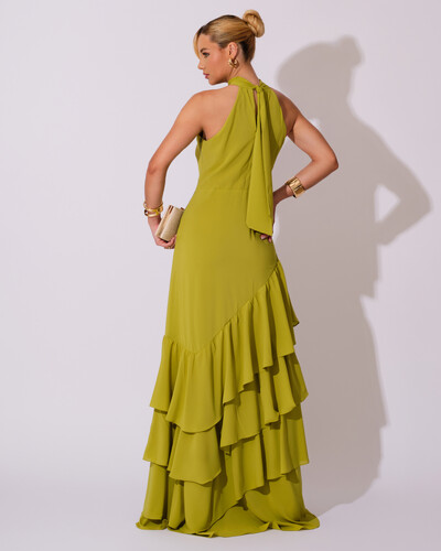 FotoVestido de Festa Longo Chiffon Crepe Gola Alta Babados Verde Pistache
